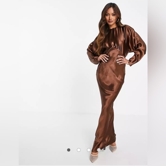 ASOS DESIGN satin batwing bias cut maxi dress in chocolate - Picture 1 of 7